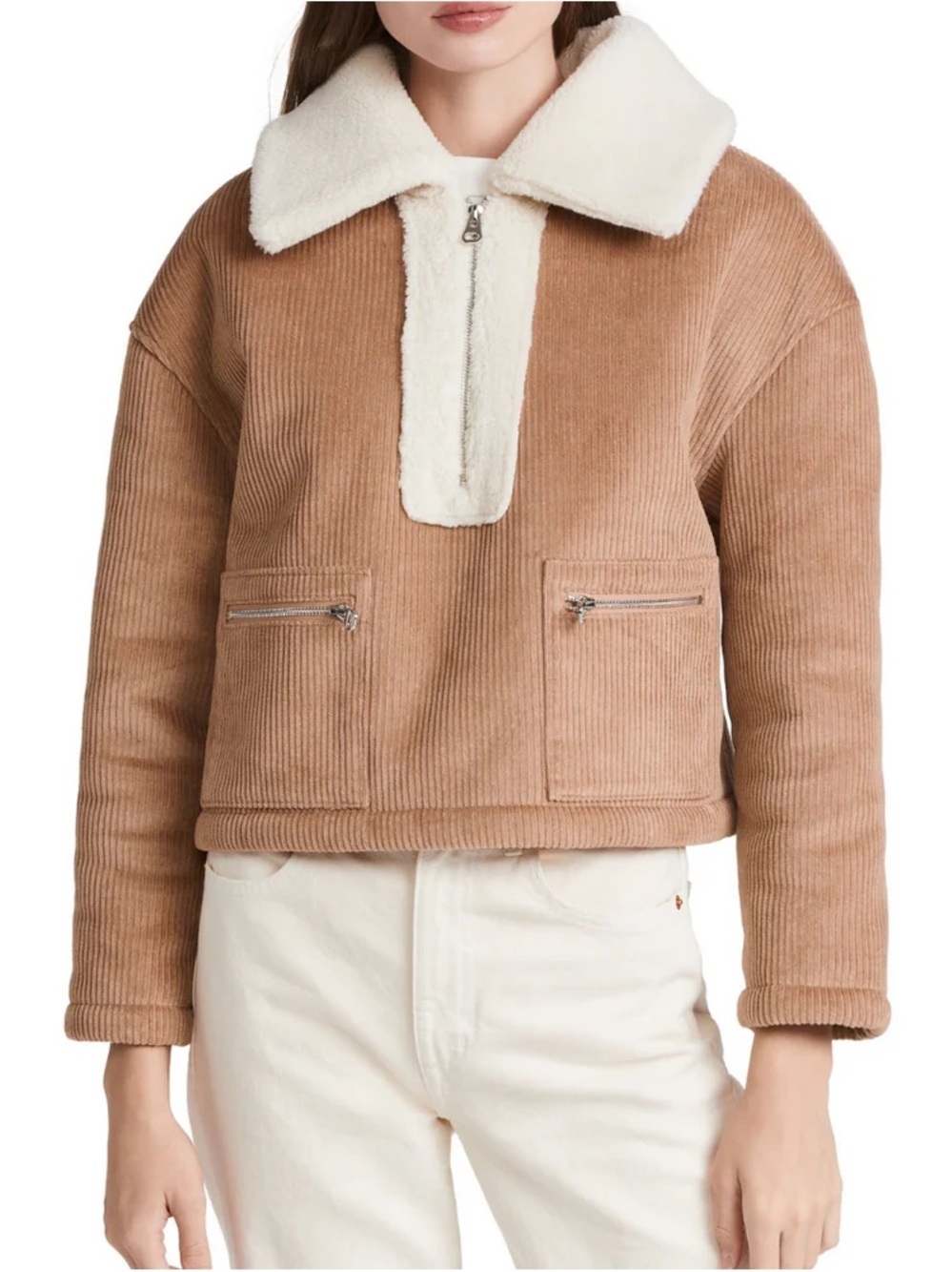 NAADAM Corduroy Quarter Zip Faux Shearling Pullover Jacket Tan Cream Size Small